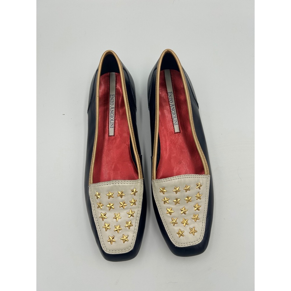 Enzo Angiolini Navy Leather Star Studded Loafers Square Toe Flats Brazil 7.5M